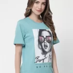 Over Size T Shirt Women Graphic Print Round Neck Light Blue T-Shirt - Image 2
